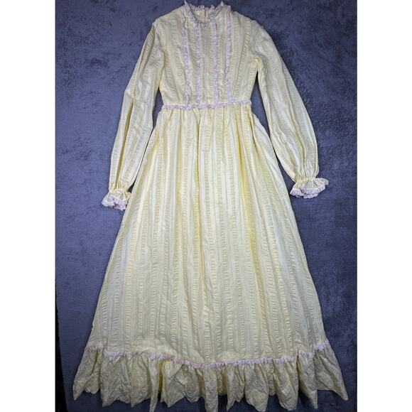 Handmade Dresses & Skirts - Vintage Prairie Maxi Dress Yellow Lace Trim Long Sleeve Romantic 80s Cottagecore